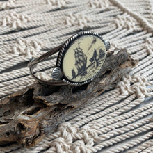 Load image into Gallery viewer, Faux scrimshaw ship and whale cuff bracelet