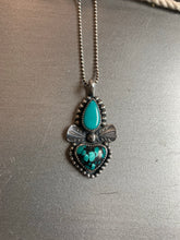 Load image into Gallery viewer, Sacred heart double turquoise pendant necklace