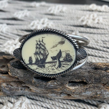 Load image into Gallery viewer, Faux scrimshaw ship and whale cuff bracelet