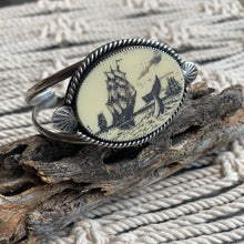 Load image into Gallery viewer, Faux scrimshaw ship and whale cuff bracelet