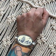 Load image into Gallery viewer, Faux scrimshaw ship and whale cuff bracelet