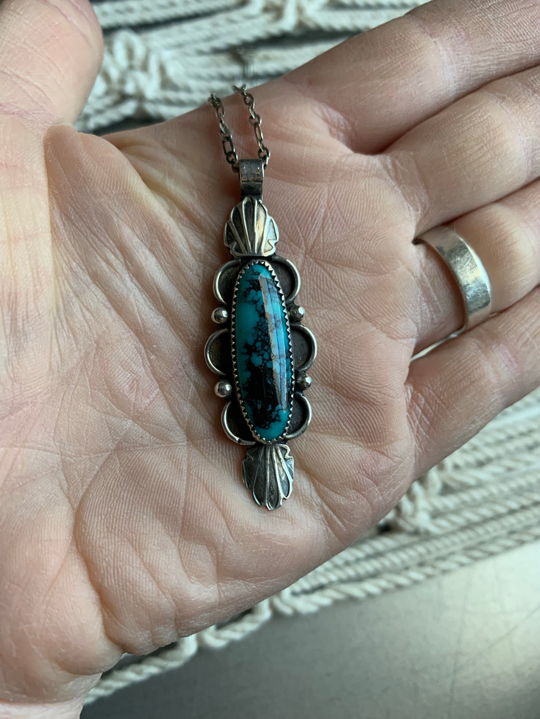 Turquoise scallop and stamped fan pendant necklace