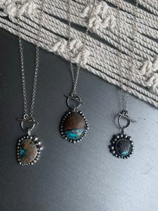 Mini toggle turquoise inlay and wood cabochon pendant necklace