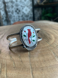 Vintage mother of pearl cardinal cuff bracelet