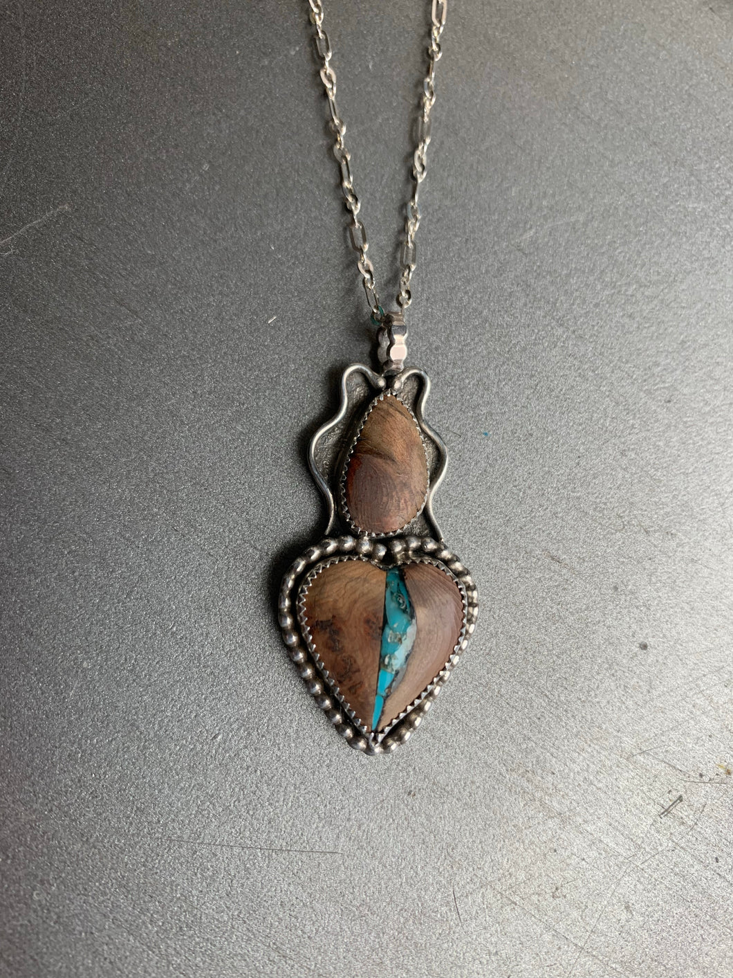 Sacred heart turquoise inlay and wood pendant necklace