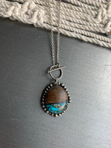 Large toggle turquoise inlay and wood cabochon pendant necklace