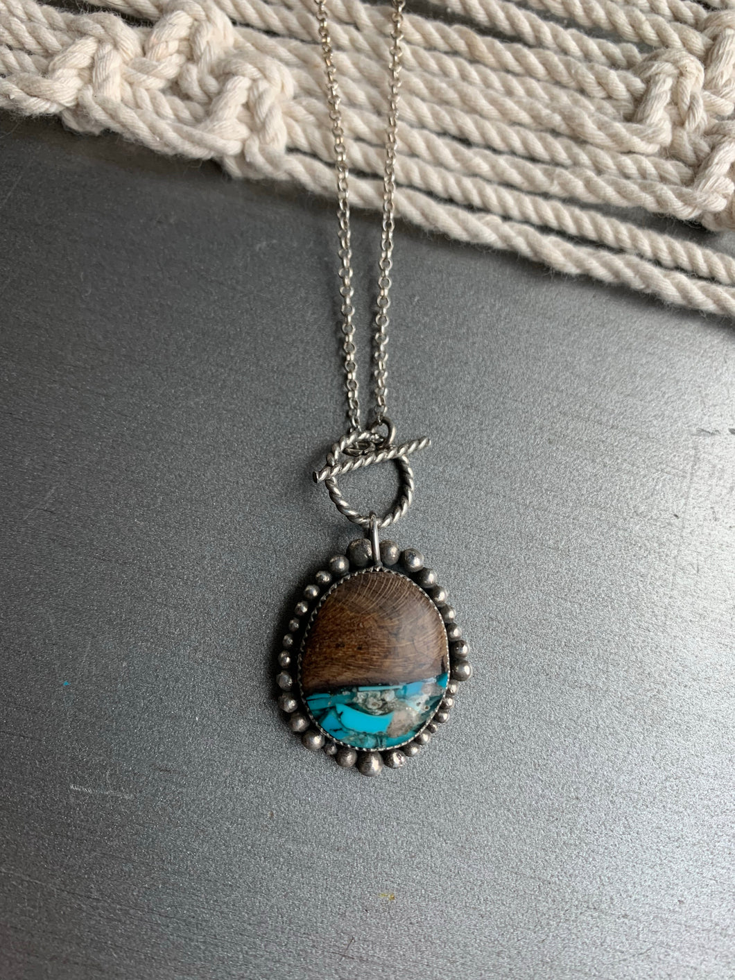 Large toggle turquoise inlay and wood cabochon pendant necklace