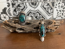 Load image into Gallery viewer, Turquoise scallop and stamped fan pendant necklace
