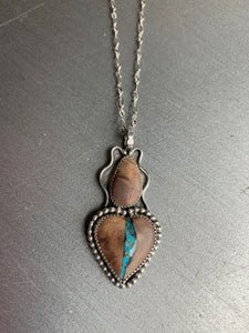 Sacred heart turquoise inlay and wood pendant necklace