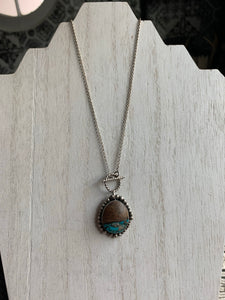 Large toggle turquoise inlay and wood cabochon pendant necklace