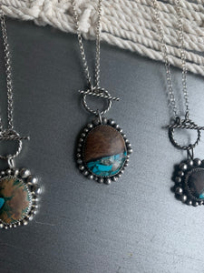 Large toggle turquoise inlay and wood cabochon pendant necklace