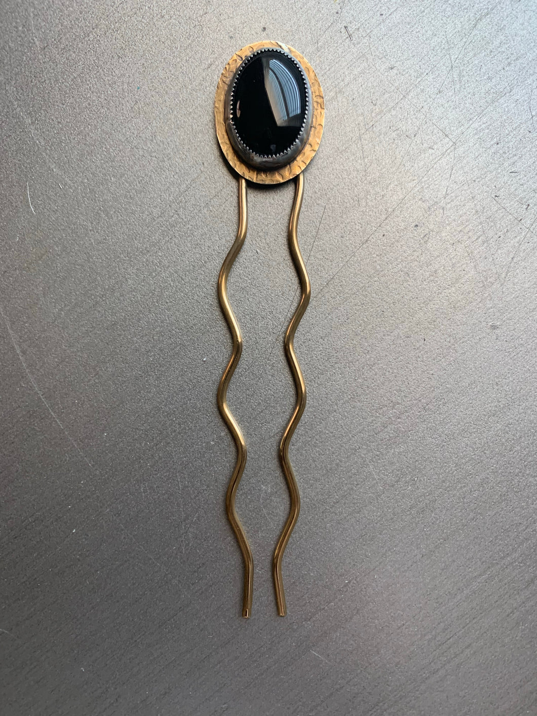Black onyx brass hair pin