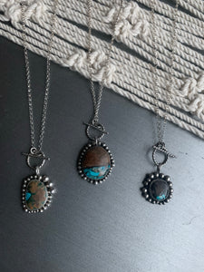 Large toggle turquoise inlay and wood cabochon pendant necklace