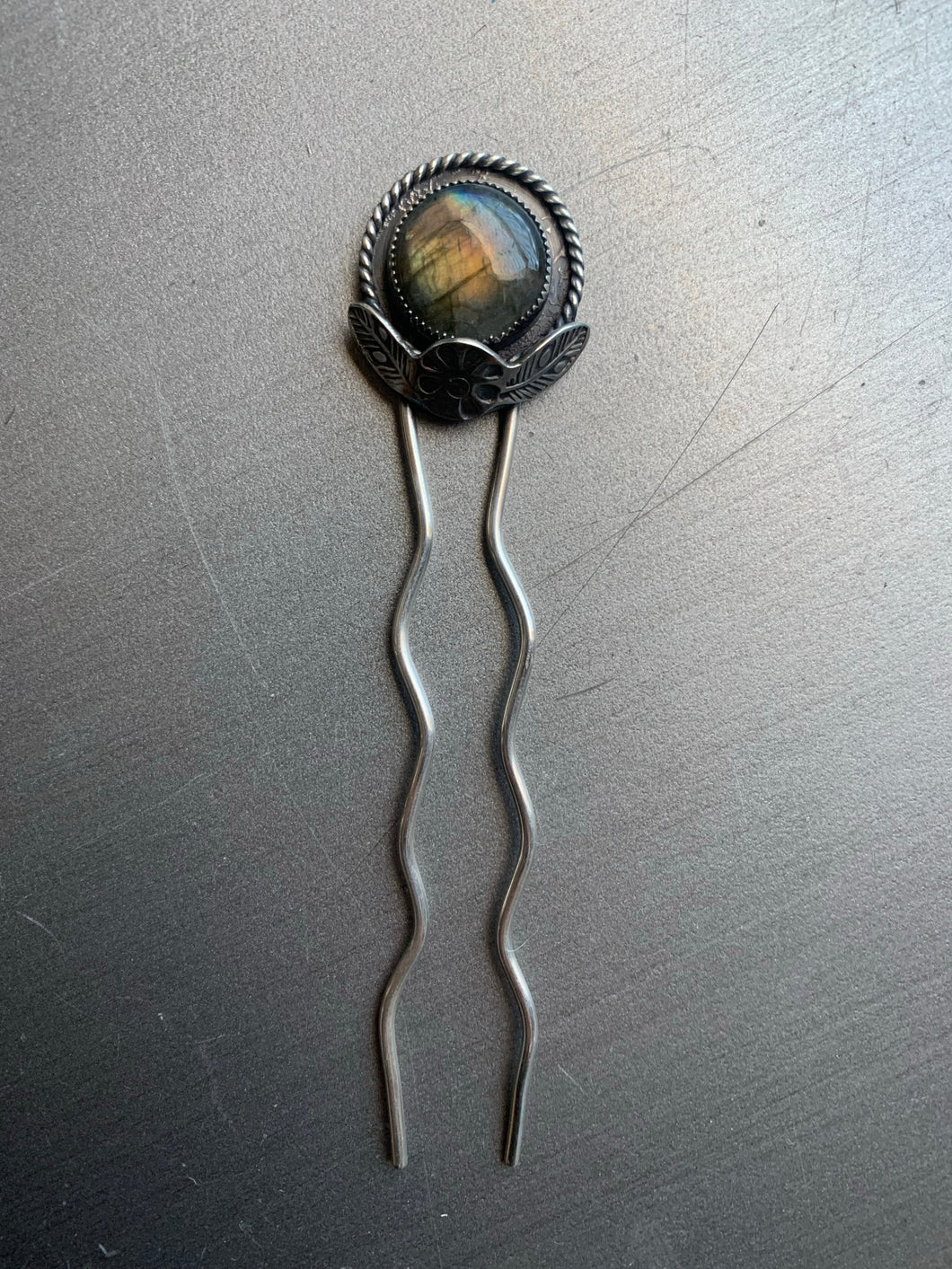 Sterling silver labradorite flower hair pin