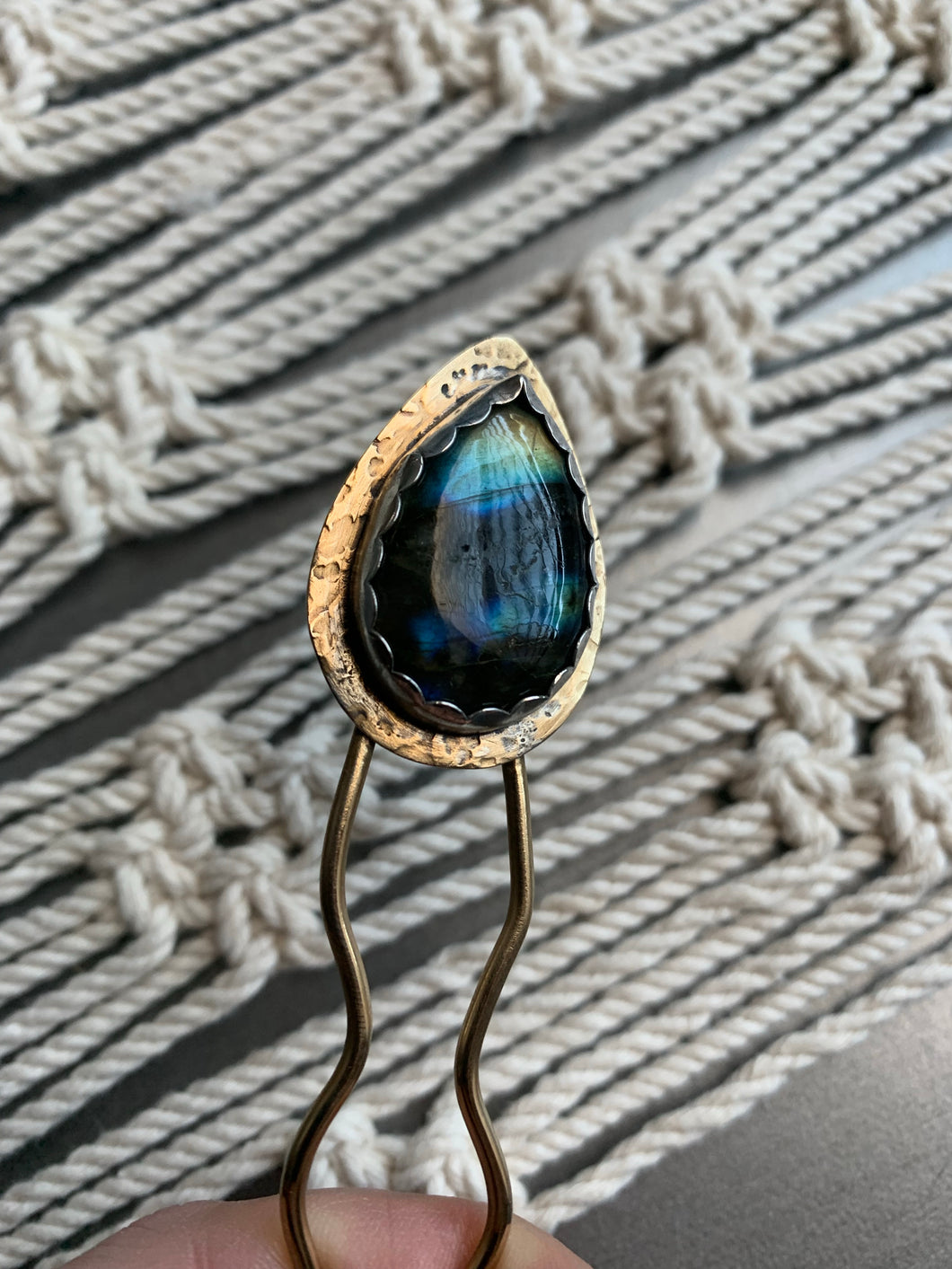 Labradorite tear brass hair pin