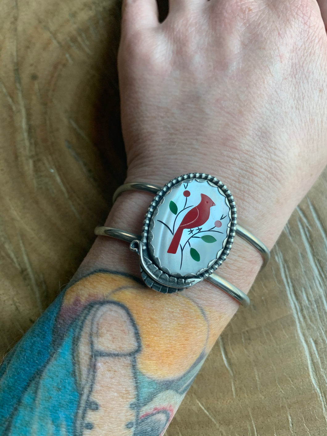 Vintage mother of pearl cardinal cuff bracelet