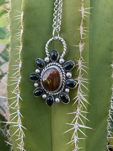 Mexican fire agate and black onyx cluster pendant necklace