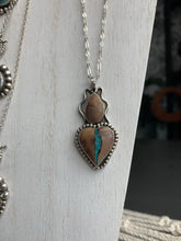 Load image into Gallery viewer, Sacred heart turquoise inlay and wood pendant necklace
