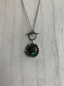 Mini toggle turquoise inlay and wood cabochon pendant necklace