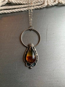 Amber tear beaded halo pendant necklace