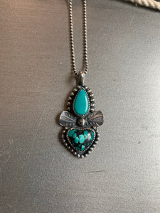 Sacred heart double turquoise pendant necklace