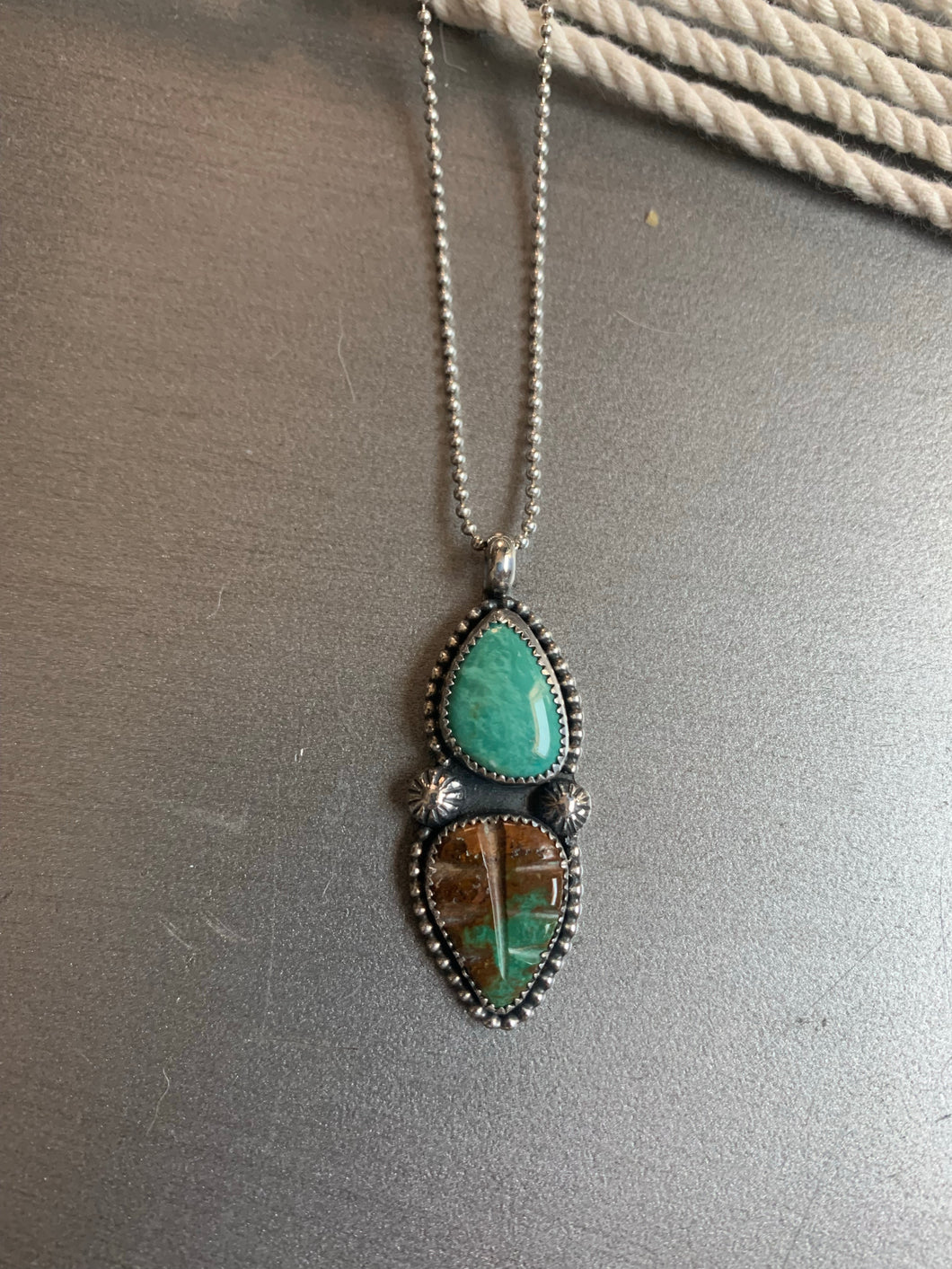 Turquoise tear and leaf pendant necklace
