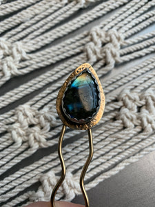 Labradorite tear brass hair pin