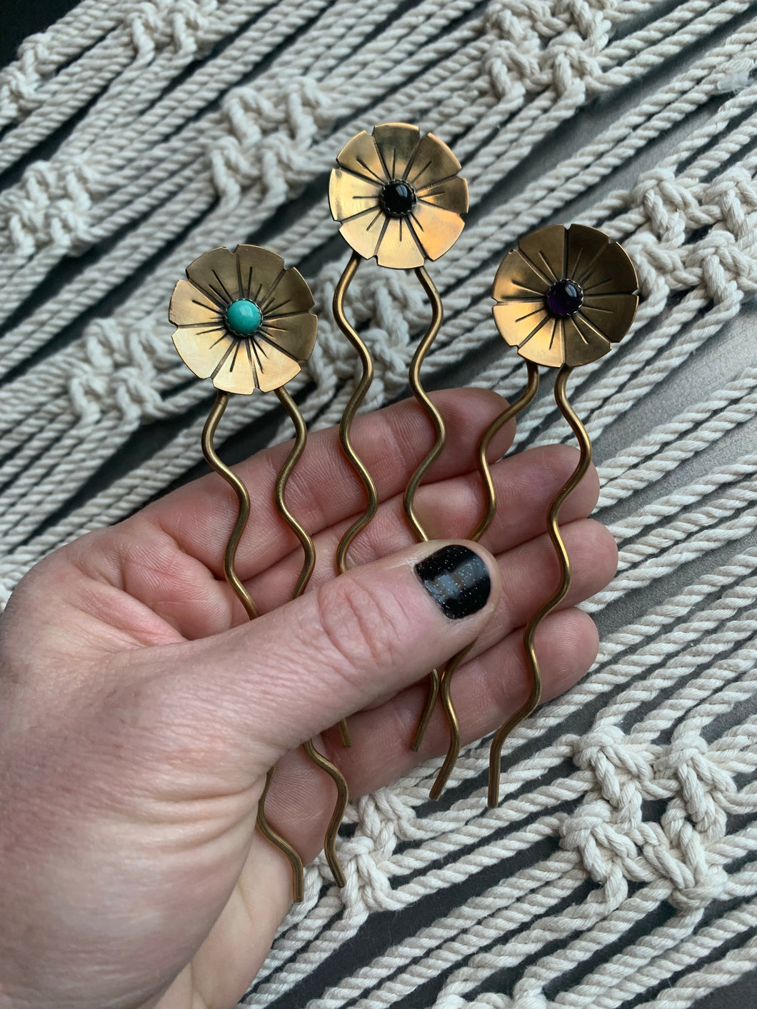 Brass flower hair pin