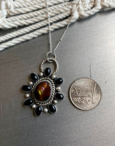 Mexican fire agate and black onyx cluster pendant necklace