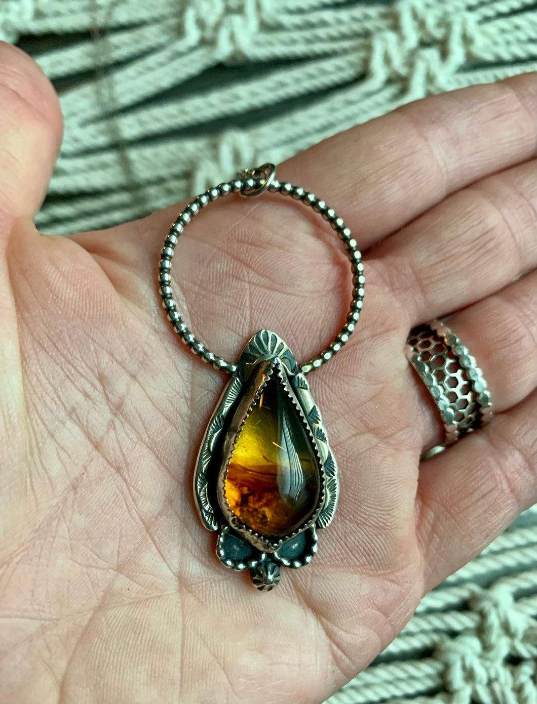 Amber tear beaded halo pendant necklace