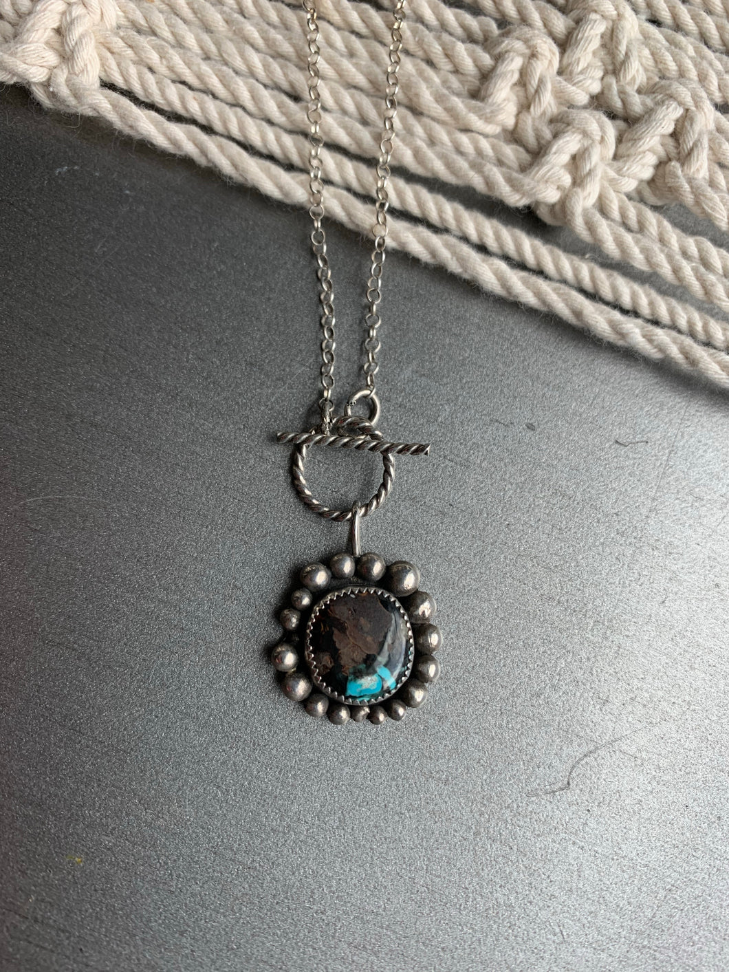 Mini toggle turquoise inlay and wood cabochon pendant necklace