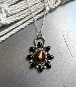 Mexican fire agate and black onyx cluster pendant necklace